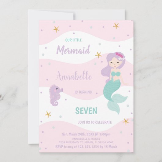 Zevende verjaardag Mermaid Uitnodiging (Voorkant)