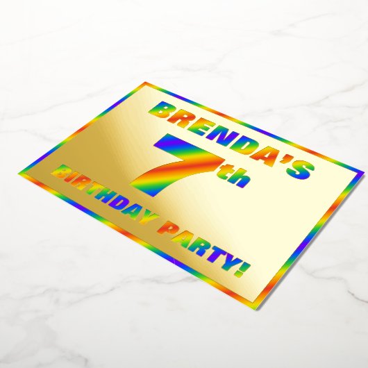 Zevende verjaardag van de geboorte — Fun, regenboo Folie Uitnodiging (Gedraaid)