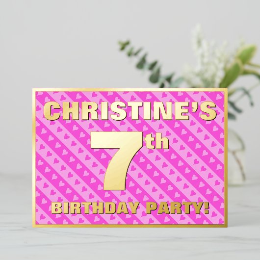 Zevende verjaardag van de opstand - vuurroze harte folie uitnodiging (Staand Voorkant)