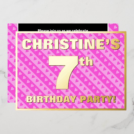 Zevende verjaardag van de opstand - vuurroze harte folie uitnodiging (Voorkant / Achterkant)