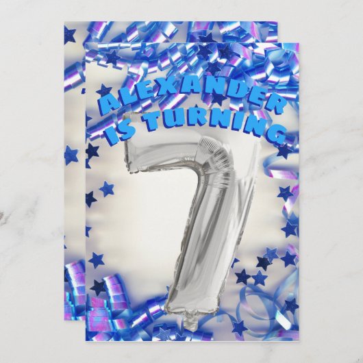 Zevende Verjaardag Zilver en Blauwe Leeftijd 7 Jon Kaart (Voorkant / Achterkant)
