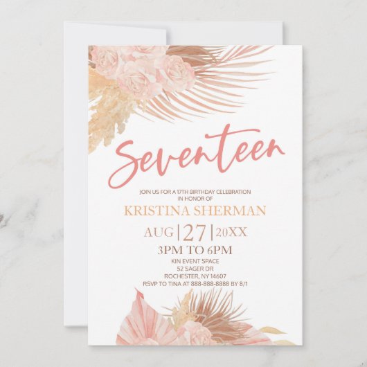 zeventien boho roze bloemig 17e verjaardag feest kaart (Voorkant)