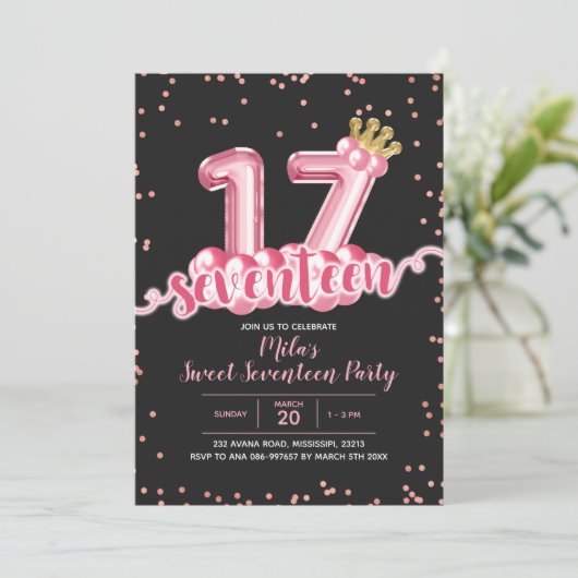 Zeventiende verjaardag van de roze en zwarte Kroon Kaart (Staand voorkant)