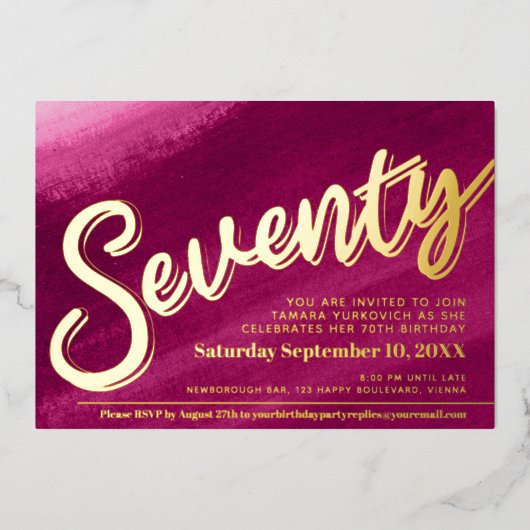Zeventig 70e verjaardag gouden rode roze was folie uitnodiging (Voorkant)