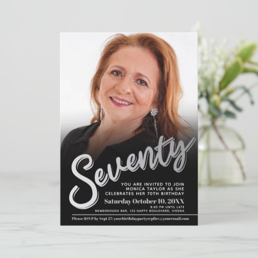 Zeventig 70ste verjaardag foto script zilver zwart kaart (Staand voorkant)