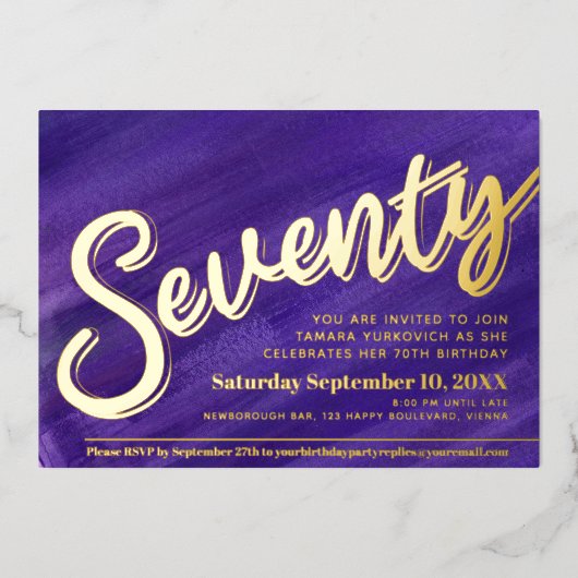 Zeventig 70ste Verjaardagsfeest paarse kunst goude Folie Uitnodiging (Voorkant)