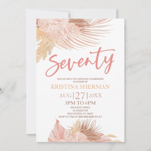 zeventig boho roze bloemig 70e verjaardag feest kaart (Voorkant)