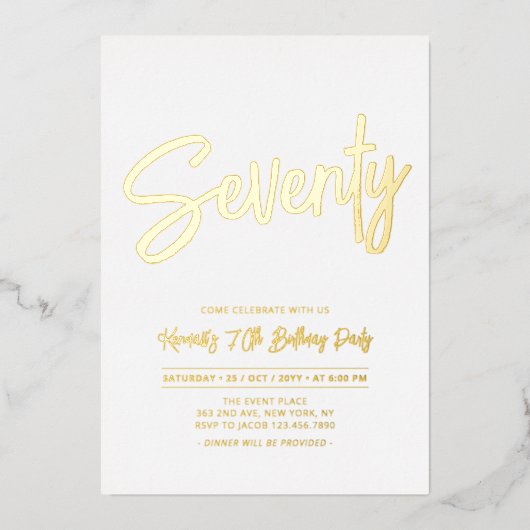 Zeventig | Chic Folie Script 70ste Verjaardagsfees Folie Uitnodiging (Voorkant)