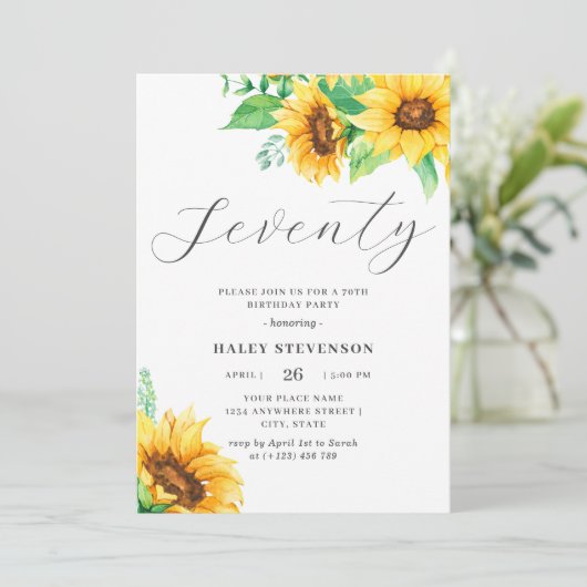 Zeventig Chique Gele Zonnebloem Bloemen 70e Verjaa Kaart (Staand voorkant)