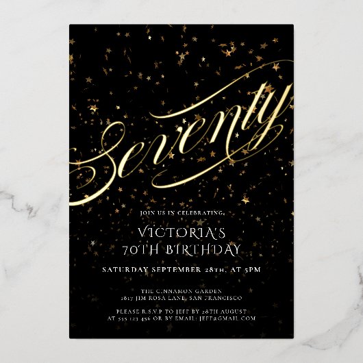 Zeventig Confetti Zwart Goud Elegant 70e Verjaarda Folie Uitnodiging (Voorkant)