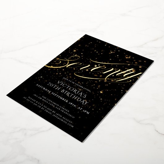 Zeventig Confetti Zwart Goud Elegant 70e Verjaarda Folie Uitnodiging (Gedraaid)