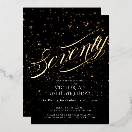 Zeventig Confetti Zwart Goud Elegant 70e Verjaarda Folie Uitnodiging (Voorkant / Achterkant)