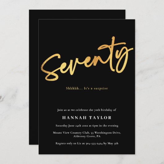 Zeventig Eenvoudige Elegante Zwart Goud 70e Verjaa Kaart (Voorkant / Achterkant)
