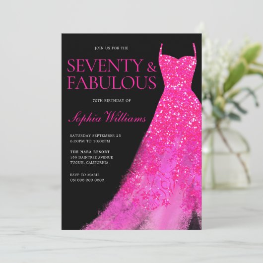 Zeventig en geweldig!! Hot Pink Dress 70ste verjaa Kaart (Staand voorkant)