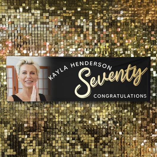 Zeventig gouden 70ste Verjaardagsfoto op zwart Spandoek
