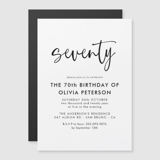 Zeventig moderne 70e zwart-wit verjaardagsfeest magnetische uitnodiging (Voorkant / Achterkant)