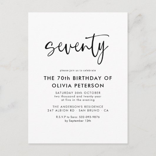 Zeventig moderne 70e zwart-wit verjaardagsfeest uitnodiging briefkaart (Voorkant)