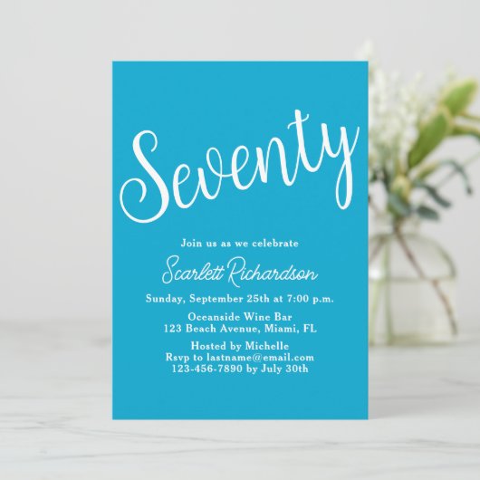 Zeventig Script Aqua Blue 70ste verjaardagsfeest Kaart (Staand voorkant)