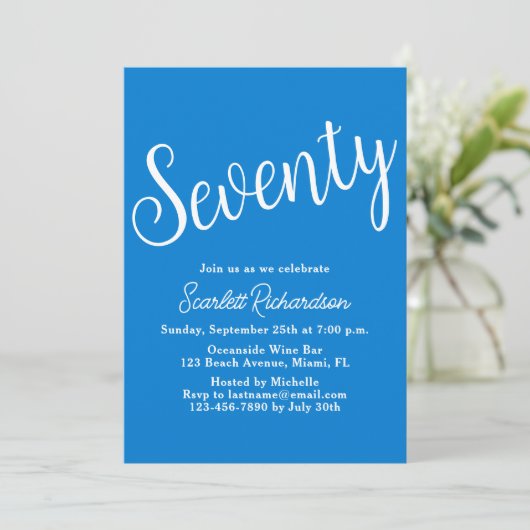Zeventig Script Blauw 70ste verjaardagsfeestje Kaart (Staand voorkant)