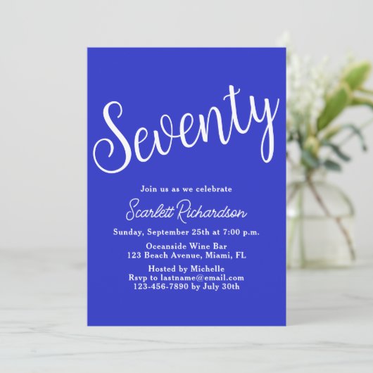 Zeventig Script Koninklijk Blauw 70ste Verjaardags Kaart (Staand voorkant)