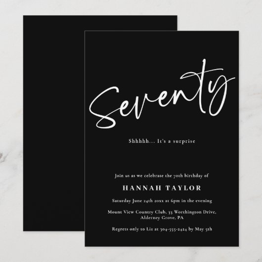 Zeventig Zwart Wit Eenvoudig Script 70e Verjaardag Kaart (Voorkant / Achterkant)