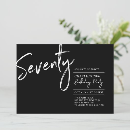 Zeventig Zwart & Wit Modern 70ste verjaardagsfeest Kaart (Staand voorkant)