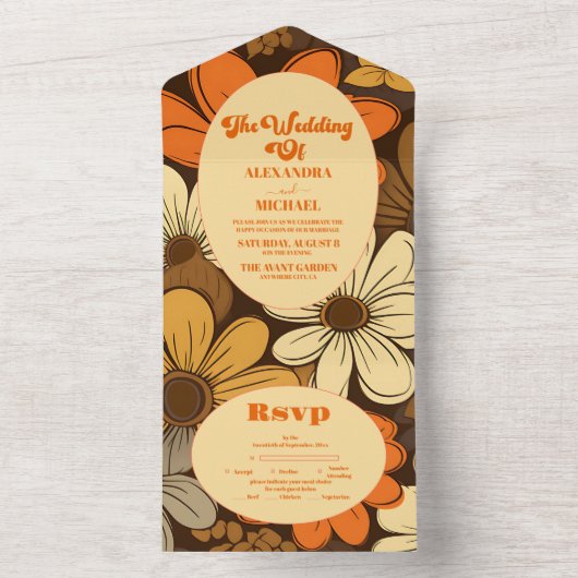 Zeventiger Retro Bloemenbruiloft All In One Uitnodiging (Binnen)