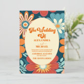 Zeventiger Retro Bloemenbruiloft Kaart (Staand voorkant)