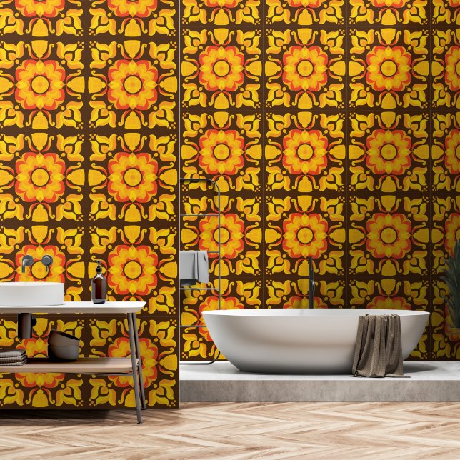 Zeventiger retro bloemenpatroon behang (Badkamer)