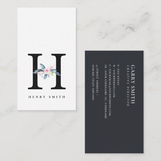 ZFT BLUSH BLUE FLORAL ALPHABETS NAME BRIEF H VISITEKAARTJE (Voorkant / Achterkant)