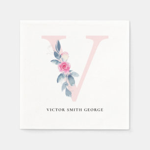 ZFT BLUSH BLUE WHITE FLORAL ALPHABETS LETTER V SERVET