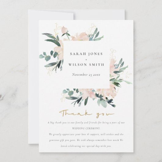 ZFT BLUSH GOLD FLORAL LIJST WATERVERF WEDING BEDANKKAART (Voorkant)