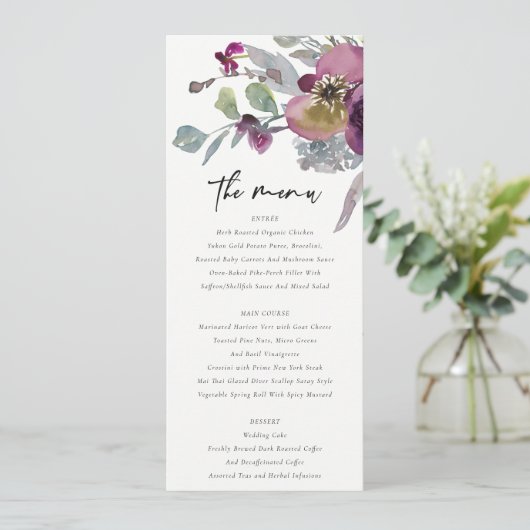 ZFT PEACH PAARSE LILA WATERVERF FLORAL WEDING MENU (Staand voorkant)