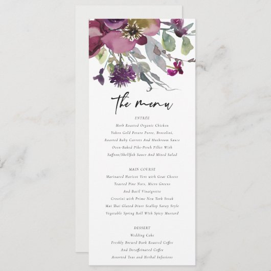 ZFT PEACH PAARSE LILA WATERVERF FLORAL WEDING MENU (Voorkant / Achterkant)