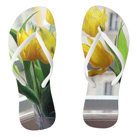 Zicht door gele tulpen teenslippers (Voetbed)
