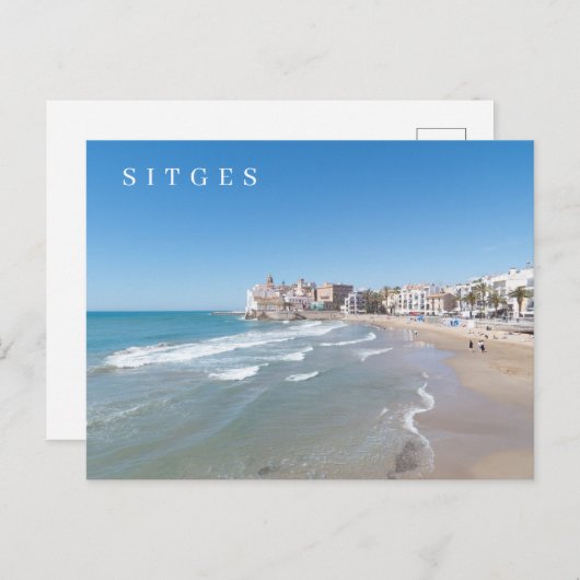 Zicht op het strand van Sitges op ansichtkaart Briefkaart (Voorkant / Achterkant)