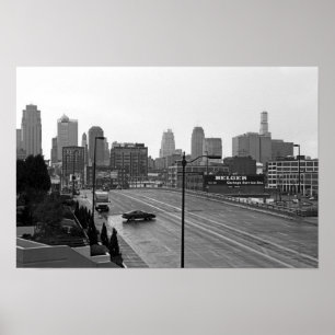 Zicht op Kansas City Downtown–Zwart-witfoto Poster