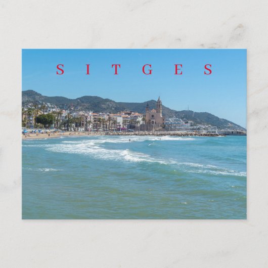Zicht op zee en kerk van Sitges op ansichtkaart Briefkaart (Voorkant)