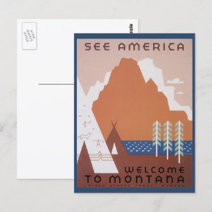 Zie Amerika Welkom in Montana, Oude Reisposter Briefkaart