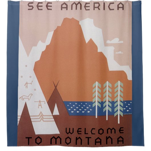 Zie Amerika Welkom in Montana, Oude Reisposter Douchegordijn (Voorkant)