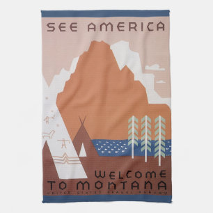 Zie Amerika Welkom in Montana, Vintage Reis Theedoek