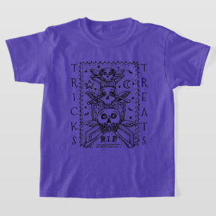 ZIE GEEN EVIL CEMETERY SKELETON TRICK OR TREAT T-SHIRT