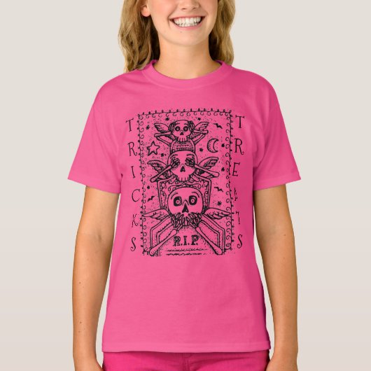 ZIE GEEN EVIL CEMETERY SKELETON TRICK OR TREAT T-SHIRT (Voorkant)