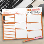 Zie goed in alle dingen om te doen Lijst Daily Pla Notitieblok<br><div class="desc">Bewerkbaar en gepersonaliseerd! Deze takenlijst en dagelijkse planner heeft een motivatie quote "zie goed in alle dingen" en een aards kleurenpalet van sinaasappel en roze. Alle sectietitels zijn bewerkbaar, zodat u uw dingen kunt organiseren om te doen op de manier die voor u werkt. Voor meer design, bekijk mijn collectie...</div>
