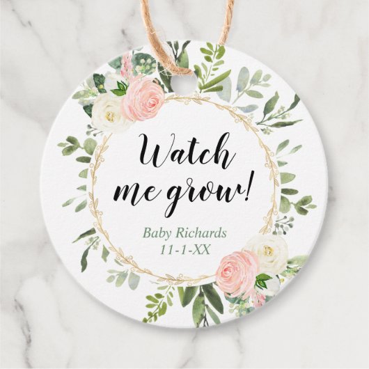 Zie hoe ik groene gouden roze eucalyptus baby kwee bedankjes labels (Voorkant)