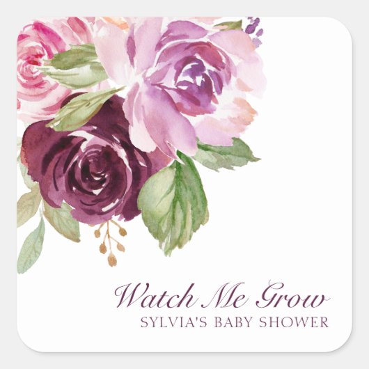 Zie hoe ik Plum Floral Girl Baby shower Favor groe Vierkante Sticker (Voorkant)