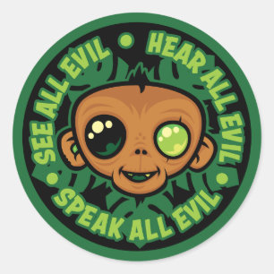 Zie, hoor en spreek alle kwaad van de aap ronde sticker