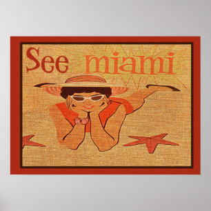 Zie Miami Sunbathing Girl Retro Travel Poster