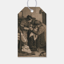 Ziek jong meisje geholpen door haar vader en moede cadeaulabel