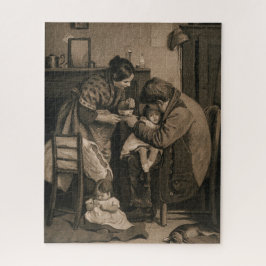 Ziek jong meisje geholpen door haar vader en moede legpuzzel